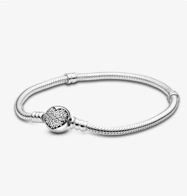 Silver Jewelry Pandora Moments Sparkling Heart Clasp Snake Chain Bracelet dansonjewelers Danson Jewelers