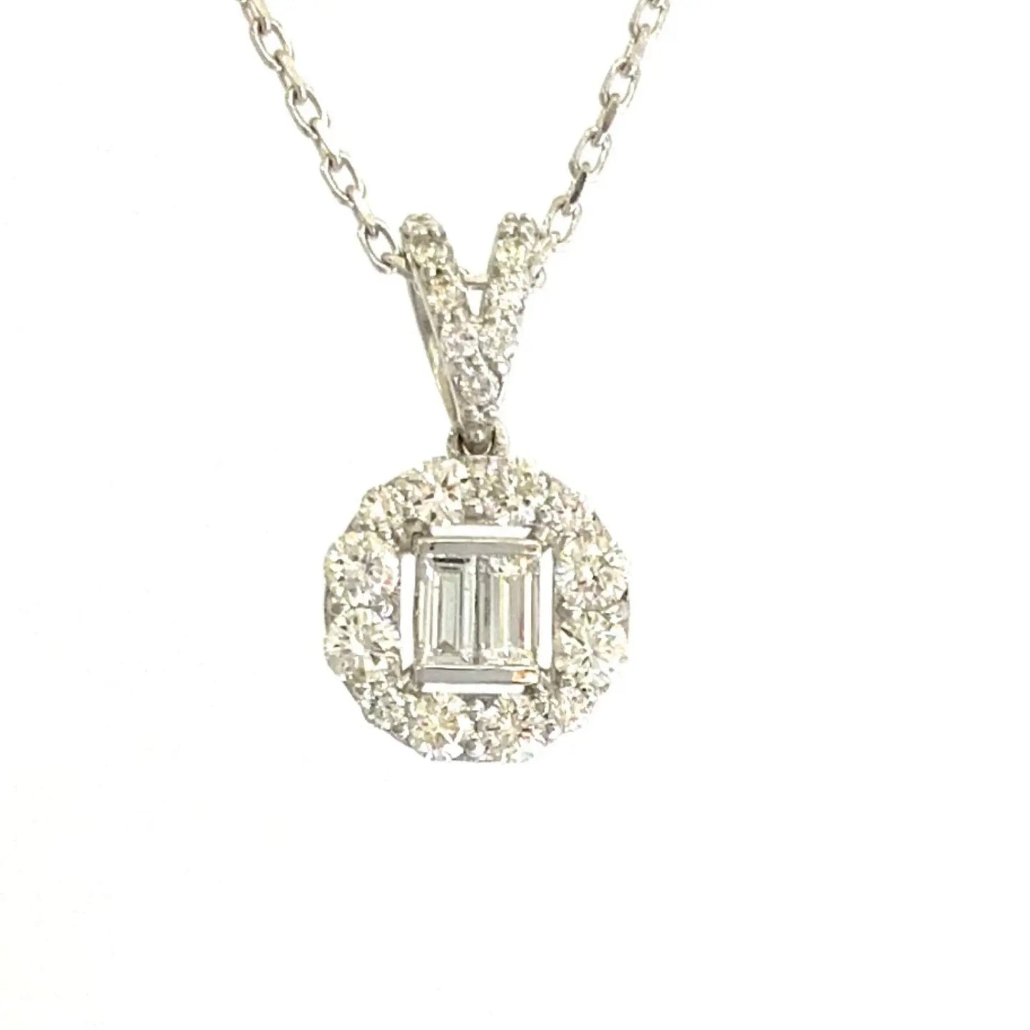 White Gold Diamond Baguettes with a round Diamond Halo and Diamond Bale Necklace - Danson Jewelers White Gold Necklaces