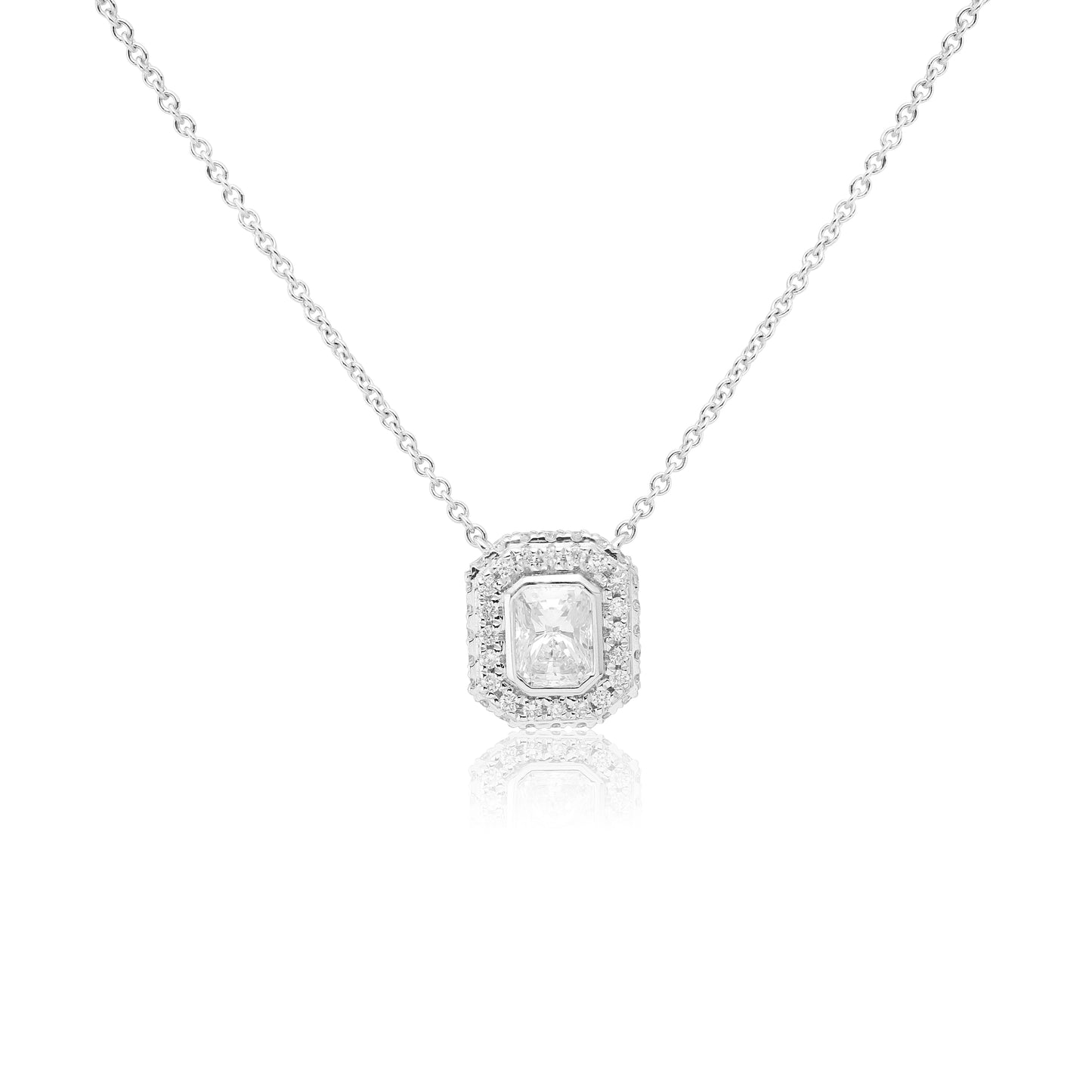 White Gold Necklaces Radiant Diamond Pendant With Halo dansonjewelers Danson Jewelers 