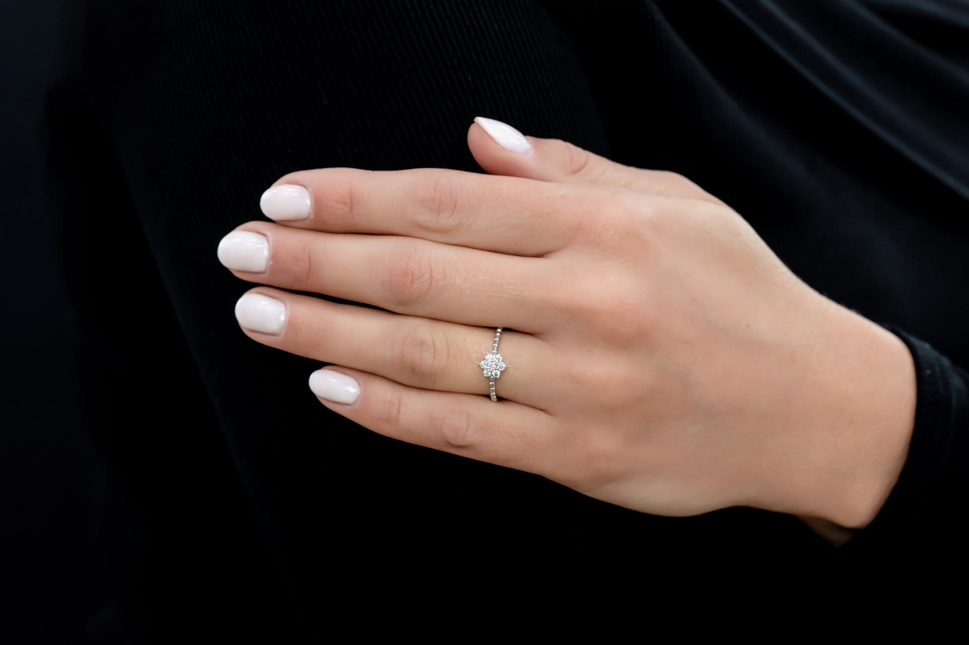 White Gold Ladies Rings Beaded Diamond Floral Ring dansonjewelers Danson Jewelers 