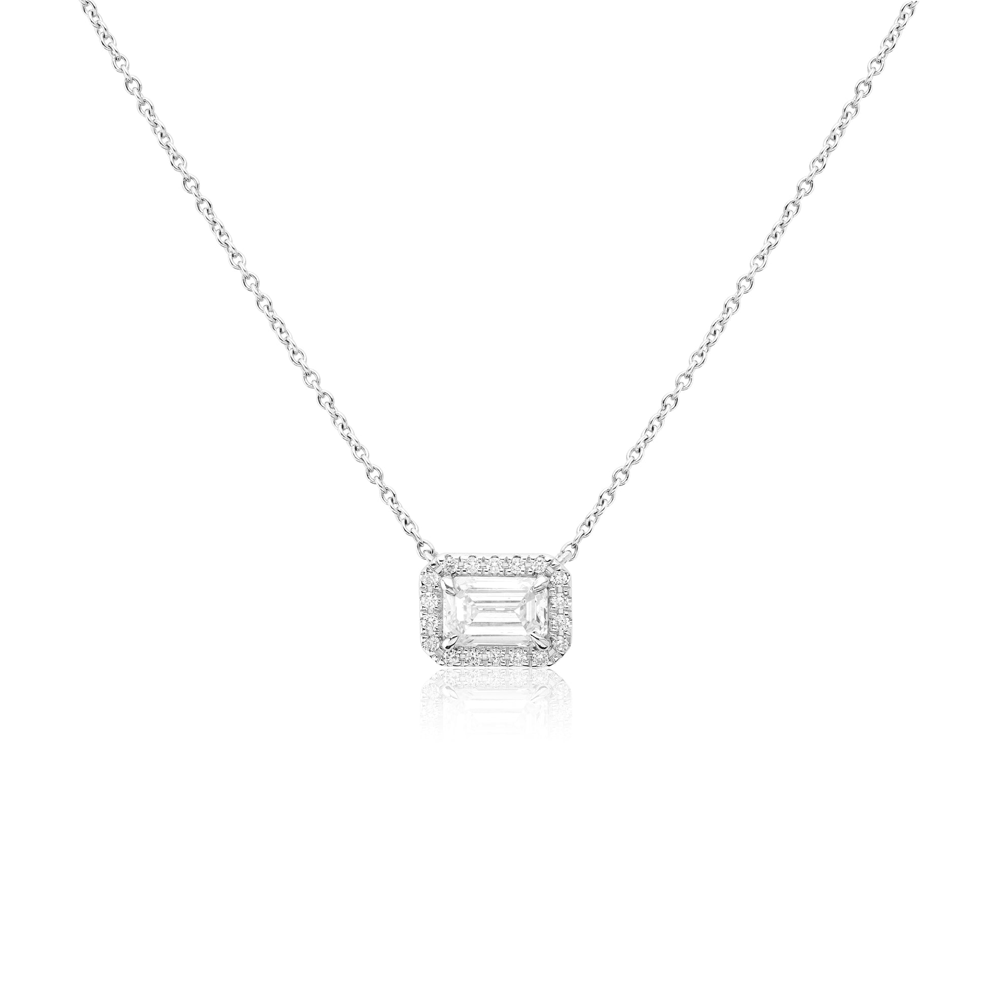 White Gold Necklaces White Gold Emerald Shape Diamond Pendant With Halo dansonjewelers Danson Jewelers 
