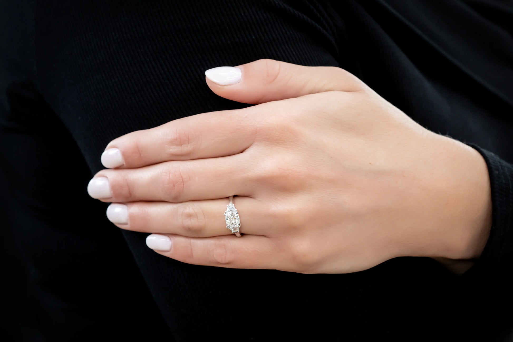White Gold Ladies Rings Cushion Cut Three Stone Engagement Ring dansonjewelers Danson Jewelers 