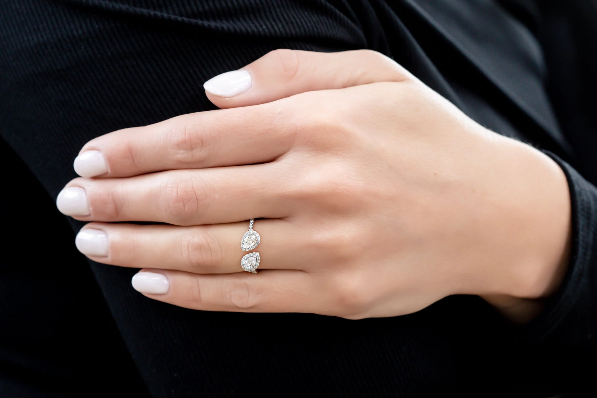 Rose Gold Ladies Rings Double Pear Halo Open Diamond Ring dansonjewelers Danson Jewelers 