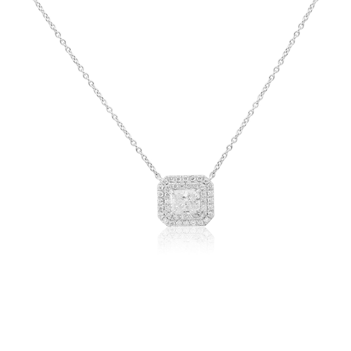 White Gold Necklaces Double Halo Pendant With Radiant Cut Diamond In Center dansonjewelers Danson Jewelers 