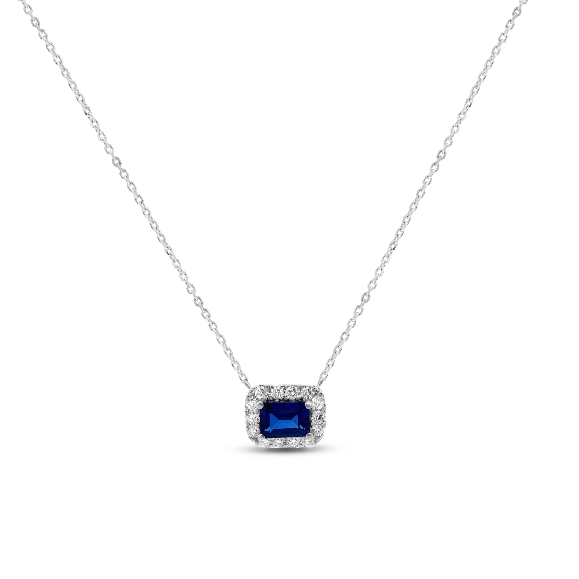 Horizontal Emerald Cut Blue Sapphire Halo Pendant Danson Jewelers Danson Jewelers