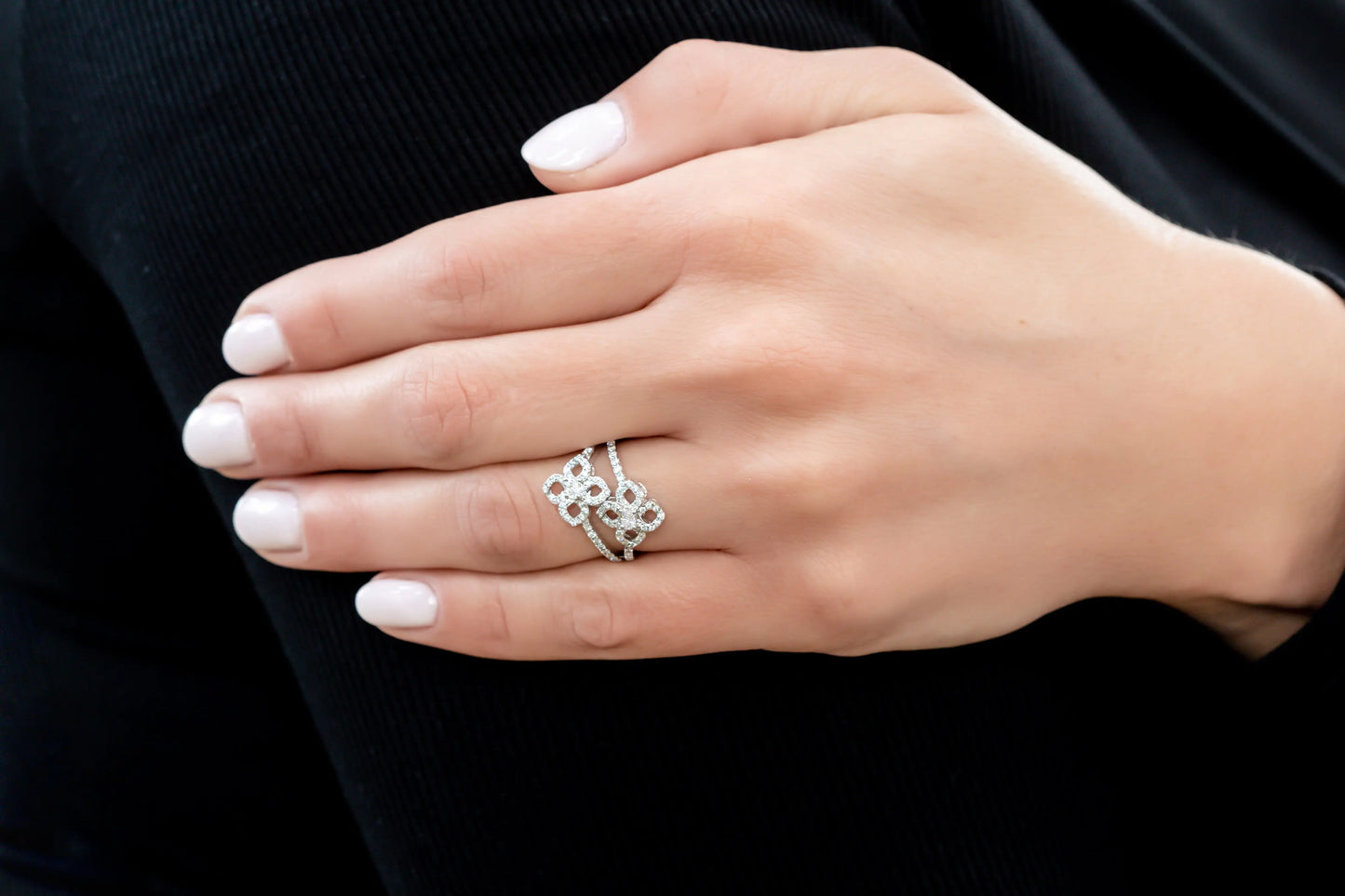 White Gold Ladies Rings Open Band Double Flower Diamond Ring Danson Jewelers Danson Jewelers 