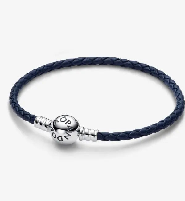 Silver Jewelry Pandora Moments Round Clasp Blue Braided Leather Bracelet dansonjewelers Danson Jewelers