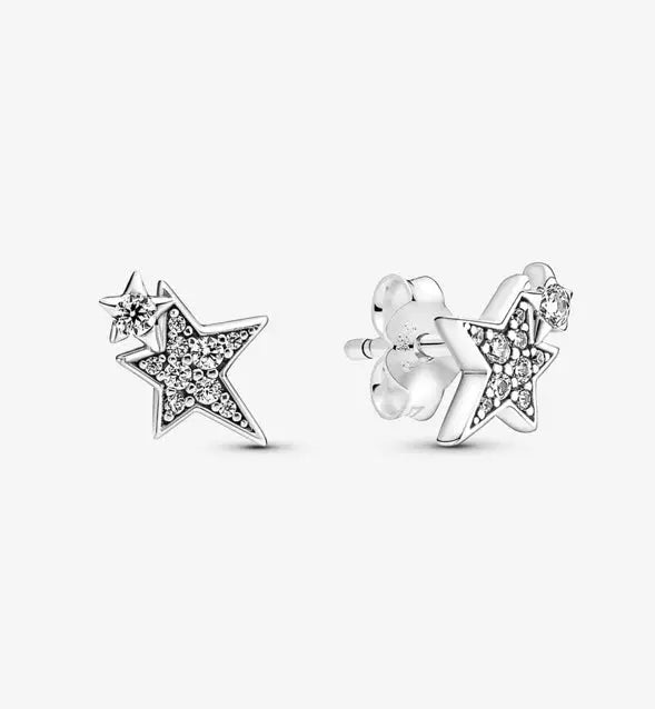 Silver Jewelry Pandora Sparkling Asymmetric Stars Stud Earrings dansonjewelers Danson Jewelers