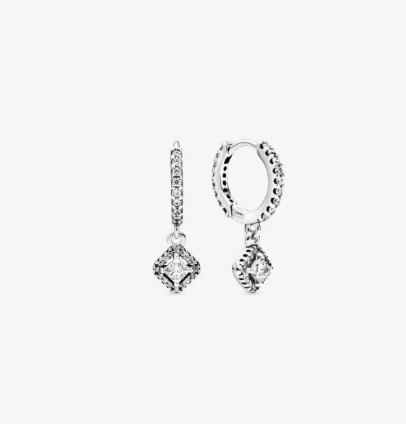 Silver Jewelry Pandora Square Sparkle Hoop Earrings dansonjewelers Danson Jewelers