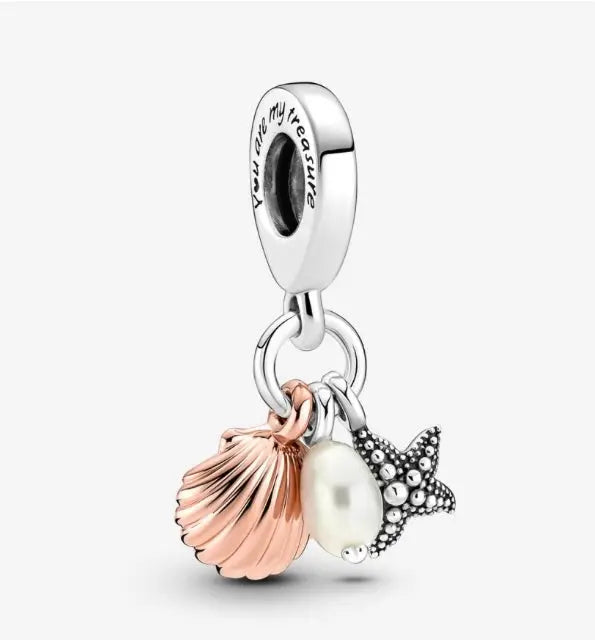 Silver Jewelry Pandora Treated Freshwater Cultured Pearl, Starfish & Shell Triple Dangle Charm dansonjewelers Danson Jewelers