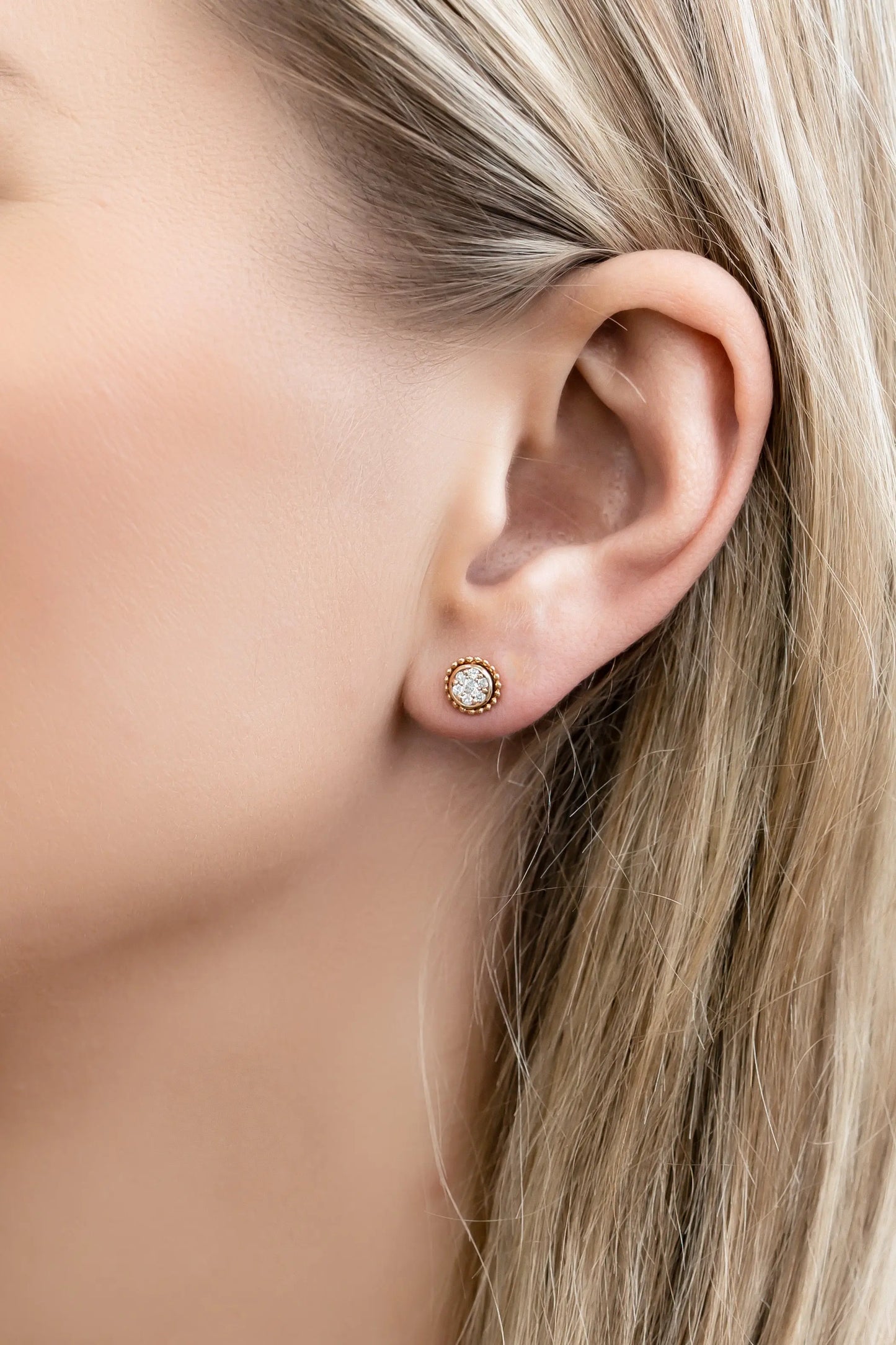Rose Gold Earrings Round Rope Design Diamond Studs dansonjewelers Danson Jewelers