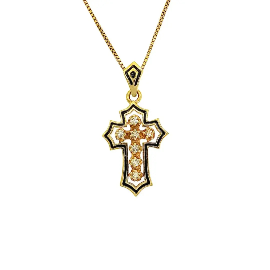 Yellow Gold Diamond Cross With Black Enamel dansonjewelers